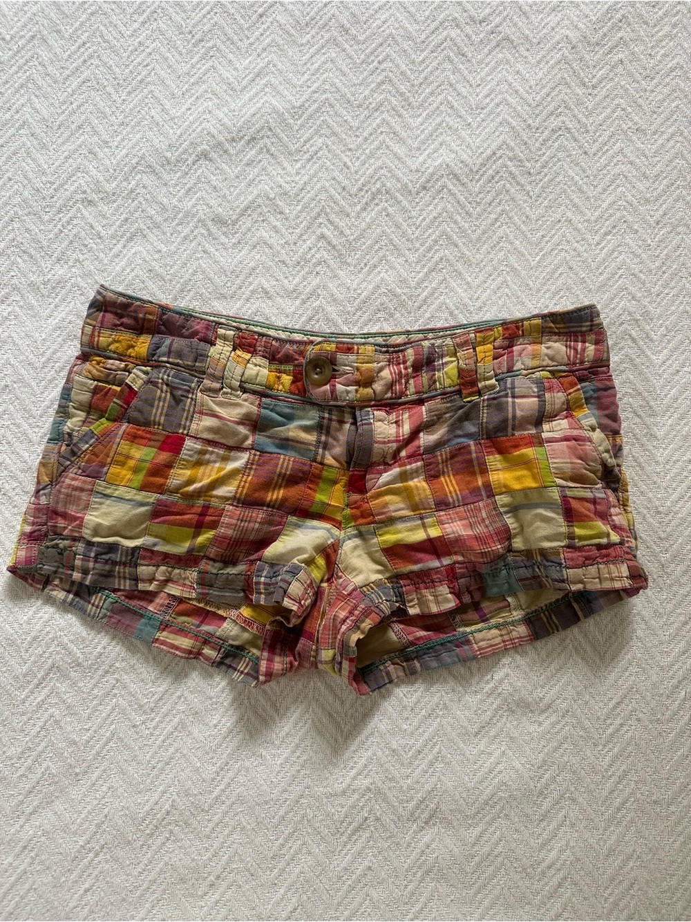 American Eagle Outfitters mini low rise Multicolor Plaid Patchwork Jean Shorts